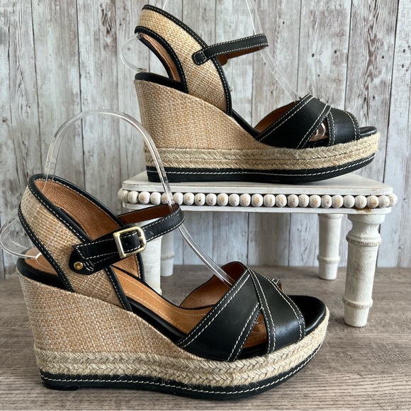 Clarks Shoes - Clarks Amelia Air Black and Natural Espadrille Wedge Sandals 8.5